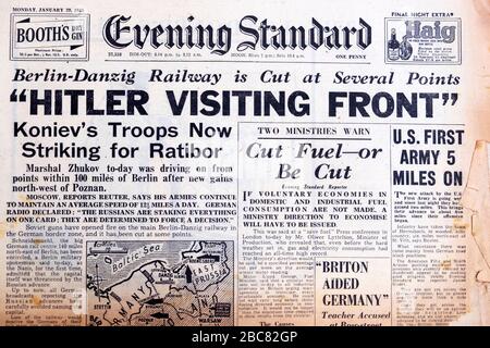 'Hitler Visiting Front' Evening Standard newspaper headline on 29 January 1945 in London England UK Stock Photo