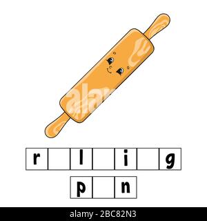 Words puzzle. Rolling pin. Education developing worksheet. Learning game for kids. Color activity page. Puzzle for children. English for preschool. Ve Stock Vector