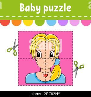 Baby puzzle. Easy level. Flash cards. Cut and play. Color activity worksheet. Game for children. Cartoon character. Stock Vector