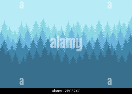 Vector misty forest landscape with detailed blue silhouettes of coniferous trees - seamless pattern Stock Vector