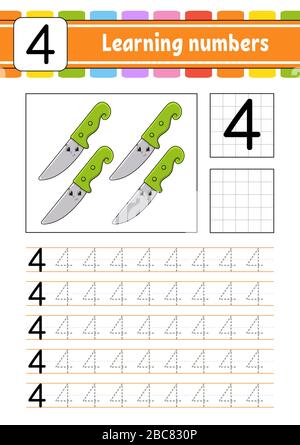 Number 4. Trace and write. Handwriting practice. Learning numbers for kids. Education developing worksheet. Activity page. Isolated vector illustratio Stock Vector