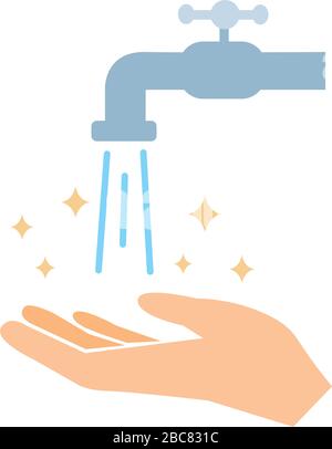 Wash hands under the water tap vector illustration flat design isolated on white background personal hygiene disinfection, skin care antibacterial Stock Vector