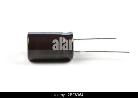 Electrolytic capacitor isolated on white background. High resolution photo. Full depth of field. Stock Photo