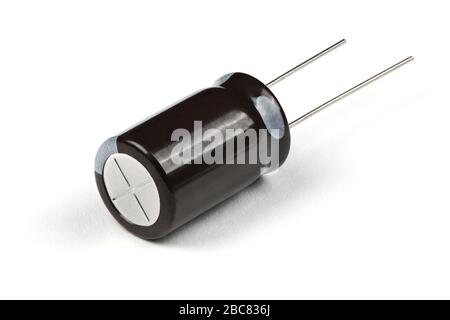 Electrolytic capacitor isolated on white background. High resolution photo. Full depth of field. Stock Photo