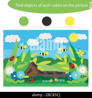 Find objects of same colors, insects game for children in cartoon style, education game for kids, preschool worksheet activity, task for the developme Stock Vector