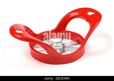 Red device for slicing apples isolated on white background. High resolution photo. Full depth of field. Stock Photo