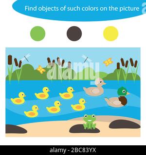 Find objects of same colors, pond life, game for children in cartoon style, education game for kids, preschool worksheet activity, task for the develo Stock Vector