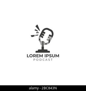 Minimal Podcast logo design template isolated on black background. Retro Vintage Classic condenser microphone illustration. Broadcasting, Radio Stock Vector