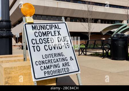 City government building, complex closed sign due to Covid-19 coronavirus pandemic stay at home isolation order Stock Photo