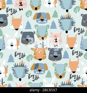 Seamless pattern of cute animals heads on blue background Stock Vector