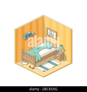 Isometric bedroom with bed, cupboard and other furniture. Vector illustration with separate layers. Stock Vector