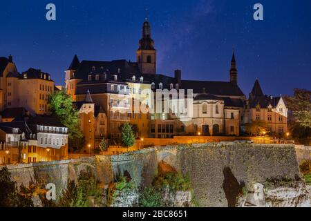 Night view at Illuminated medieval skyline Luxembourg city Stock Photo