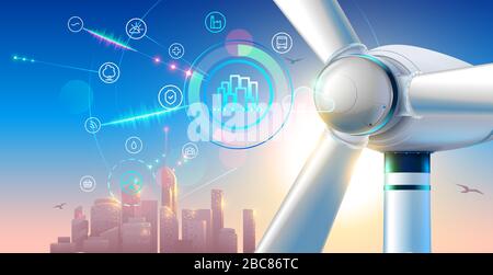 Wind farm close up. silhouette town on sunset. smart city green energy concept. alternative electricity communication with urban infrastructure Stock Vector