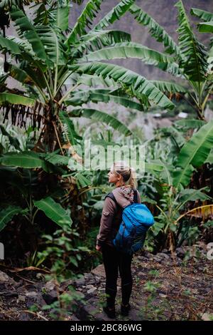 Santo antao island. Cape verde. Blond young women with blue backpack walking through banana plantation on the trekking trail route to Paul valley. Stock Photo