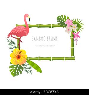 rectangle bamboo frame with flamingo vector illustration on a white background Stock Vector