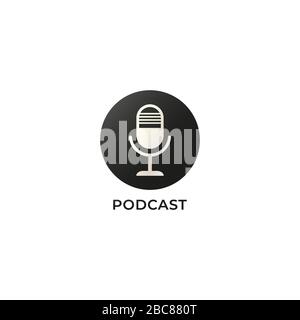 Black & white podcast logo isolated on white background. Condenser microphone illustration.  Pictorial logotype. Broadcast, Radio station. Stock Vector