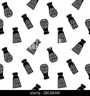Seamless pattern with salt and pepper shakers. Black spice bottles icons isolated on white background. Vector illustration. Stock Vector