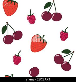 Natural delicious juicy organic berries seamless pattern with strawberries, cherry, raspberry, vector color illustration on white background, isolated Stock Vector
