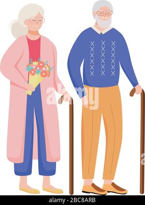 Retired people flat vector illustration. Senior age family with walking stick. Old couple spends time together. Elderly woman with flowers. Pensioners Stock Vector