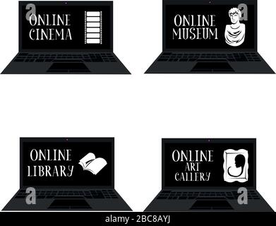 Online leisure and education. Entertainment and relaxation. Online training. Stay at home. Quarantine. Library, gallery, cinema theater and museum. Stock Vector