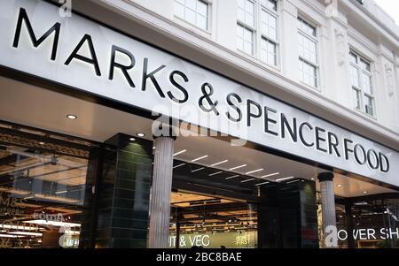 Marks & Spencer Food, British supermarket and brand- exterior logo / signage- London Stock Photo