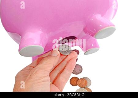 Horizontal close-up shot of a woman’s hand pulling coins from the hole on the bottom of a pink piggy bank.  White background. Stock Photo