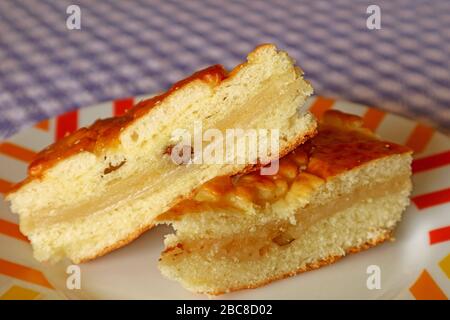 Closeup a Plate of Two Slices of Gata, Delicious Armenian Traditional Sweet Filling Bread Stock Photo