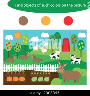 Find objects of same colors, farm animals, game for children in cartoon style, education game for kids, preschool worksheet activity, task for the dev Stock Vector