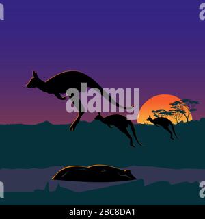 Three large kangaroos on the Australian plains, wild nature of Australia. Realistic vector landscape. Silhouettes of animals and plants.Sunset. Stock Vector