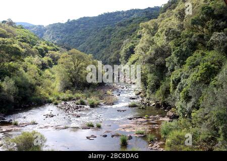 The south of Brazil is in a dry period. The river flows slowly with low water. Stock Photo