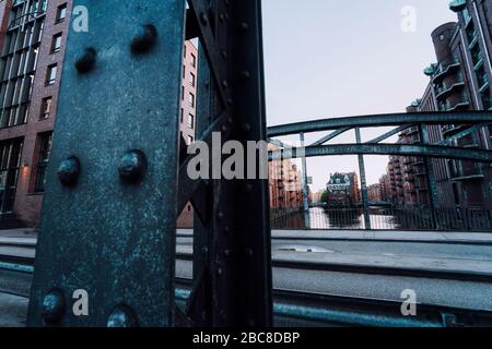 Massive steel construction of Poggenmoehlenbruecke bridge near the Wasserschloss Hamburg Hafencity. Germany Stock Photo