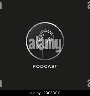 Silver Metallic Podcast logo design template isolated on black background. Retro Vintage Classic condenser microphone illustration. Broadcasting Stock Vector