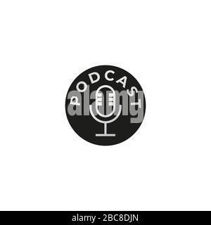 Minimal Podcast logo design template isolated on white background. Retro Vintage Classic condenser microphone illustration with black ellipse shape. Stock Vector