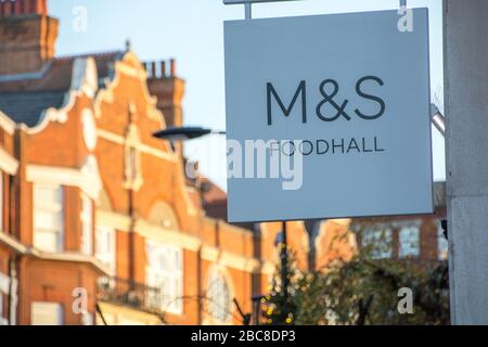 Marks & Spencer Foodhall, British supermarket and brand- exterior logo / signage- London Stock Photo