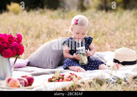 Little baby girl 2-3 year old drinking lemonade holding bottle sitting in meadow outdoors. Summer season. Stock Photo