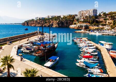 Antalya, Turkey - 20 September 2019: Harbor with boats in old port Antalya Turkey. Stock Photo