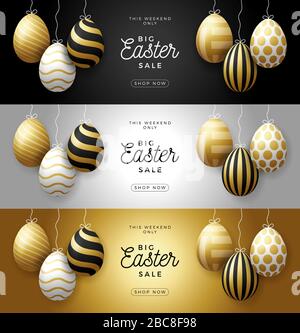 Luxury Easter egg sale horizontal banner set. Easter card with gold and white realistic eggs hang on a thread, golden ornate eggs on black modern back Stock Vector