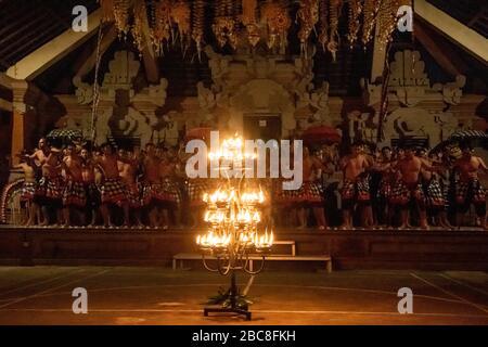 Horizontal view of Kecak Fire Dancers in Bali, Indonesia. Stock Photo