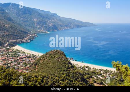 Town of Oludeniz, or Olu Deniz, Mugla Province, Turkey.  Beachside resort. Stock Photo
