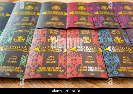 Horizontal close up of artisan chocolate for sale in Bali, Indonesia. Stock Photo