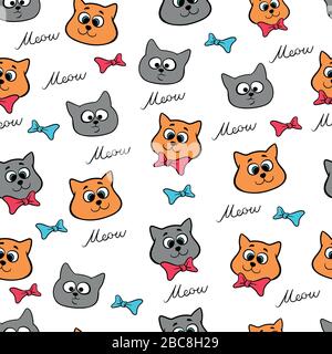 cute smiling cats, closely spaced, white outlines on a black background, seamless black and white pattern, for fabric, paper Stock Vector