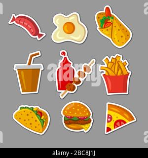 illustration of the cartoon stickers set of the fast food meals Stock Vector