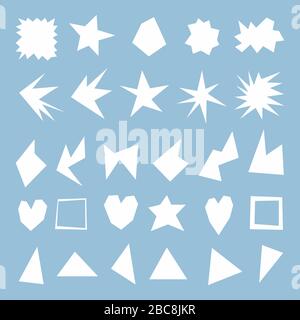 A set of sharp figures in development. Variants of geometry with sharp corners, dice for text. Square light blue tile. Irregular broken line. White Stock Vector