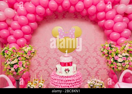 Florianopolis Brazil March 15 Sweet Table Decoration In Children S Party With Minnie Mouse Theme Reception For Birthday Party Decoration Stock Photo Alamy