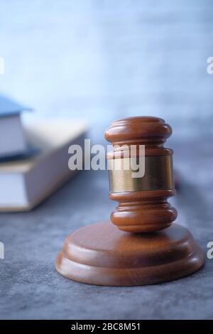 top view of gavel and book on table  Stock Photo