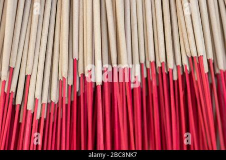 Background of many beige incense sticks with red holders. Incense in the middle is in camera focus and other details are blurred Stock Photo