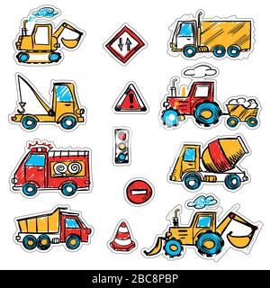 cartoon colored machines. concrete mixer, crane, dump truck , bulldozer, signs. stickers with a cutting outline, on a white isolated background Stock Vector