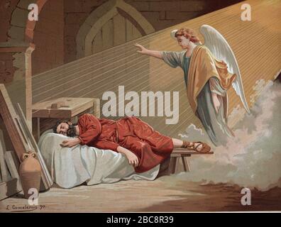 New Testament. Apparition of the angel to Saint Joseph. Engraving. Holy Bible, 19th century. Stock Photo