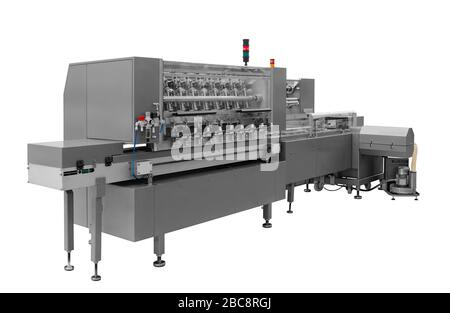 Automatic packing machine with plastic bag and paper box, high speed packing machine for food product industrial, high technology manufacturing proces Stock Photo