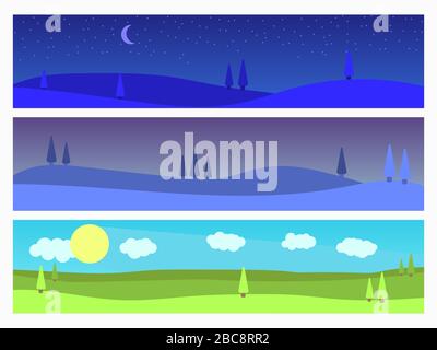 Set of landscapes: morning, twilight, night. Natural landscape in a flat style with trees, panorama. Vector illustration Stock Vector